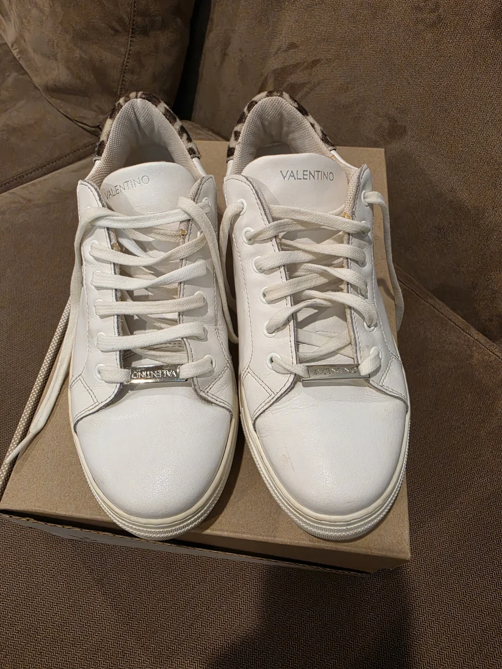 White Valentino Women's Low-Top Sneakers with Leopard Trim